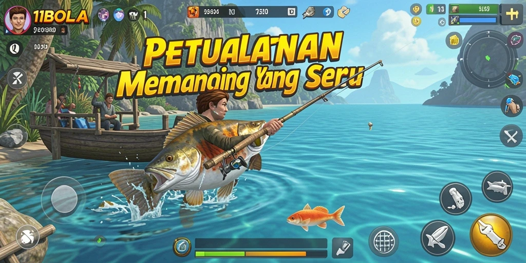 Screenshot 11BOLA menampilkan pemain sedang memancing di lokasi yang indah.
