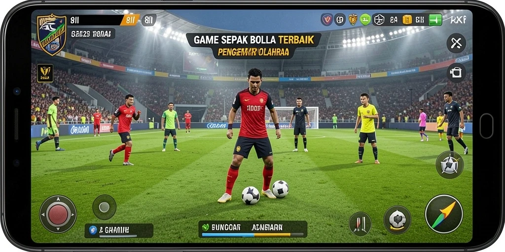 Tangkapan layar gameplay <strong>8II</strong> menampilkan aksi pertandingan sepak bola yang intens.