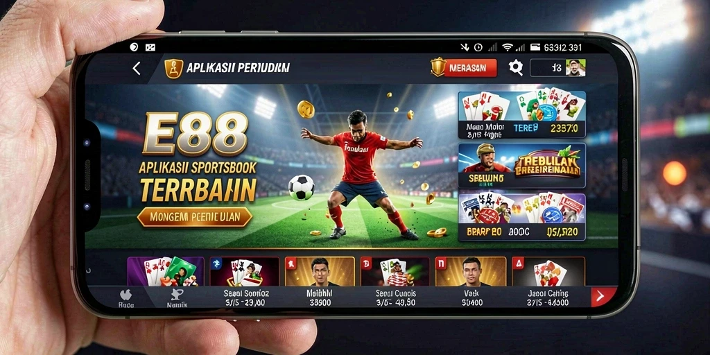 Screenshot utama E88 menunjukkan tampilan antarmuka aplikasi Sportsbook.