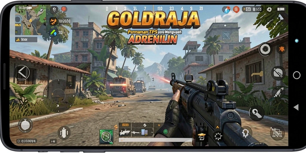 Tampilan gameplay menegangkan di GOLDRAJA dengan aksi tembak-menembak.