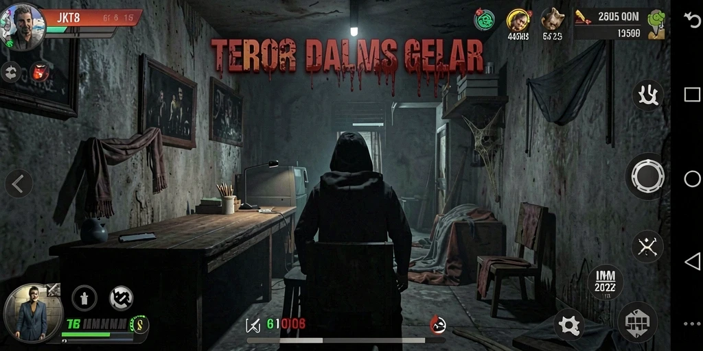Tampilkan gameplay menyeramkan dalam dunia JKT8 yang gelap.