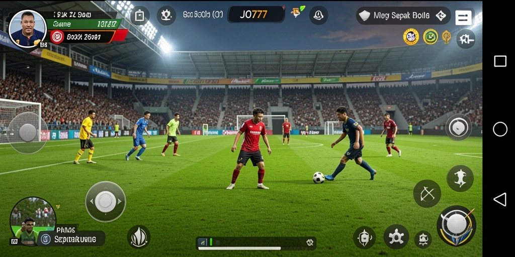 Screenshot gameplay LJO777 menampilkan aksi seru di lapangan sepak bola.