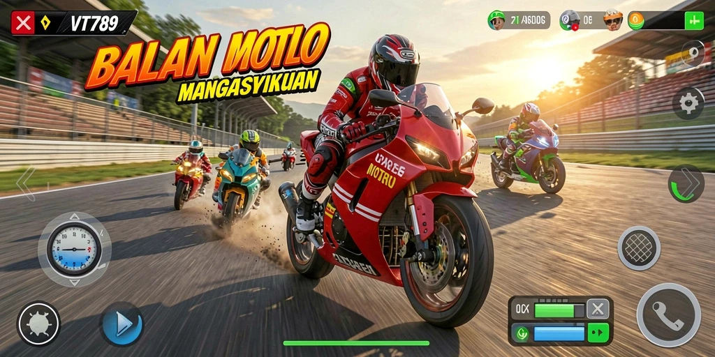 Tampilan gameplay VT789 dengan aksi balapan motor yang mendebarkan.
